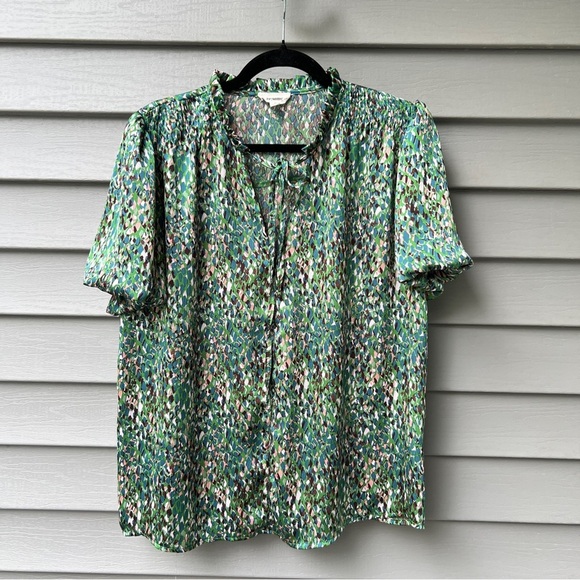 EE:Some Ruffle Blouse Short Sleeve Green Print Top Size S - Picture 4 of 15